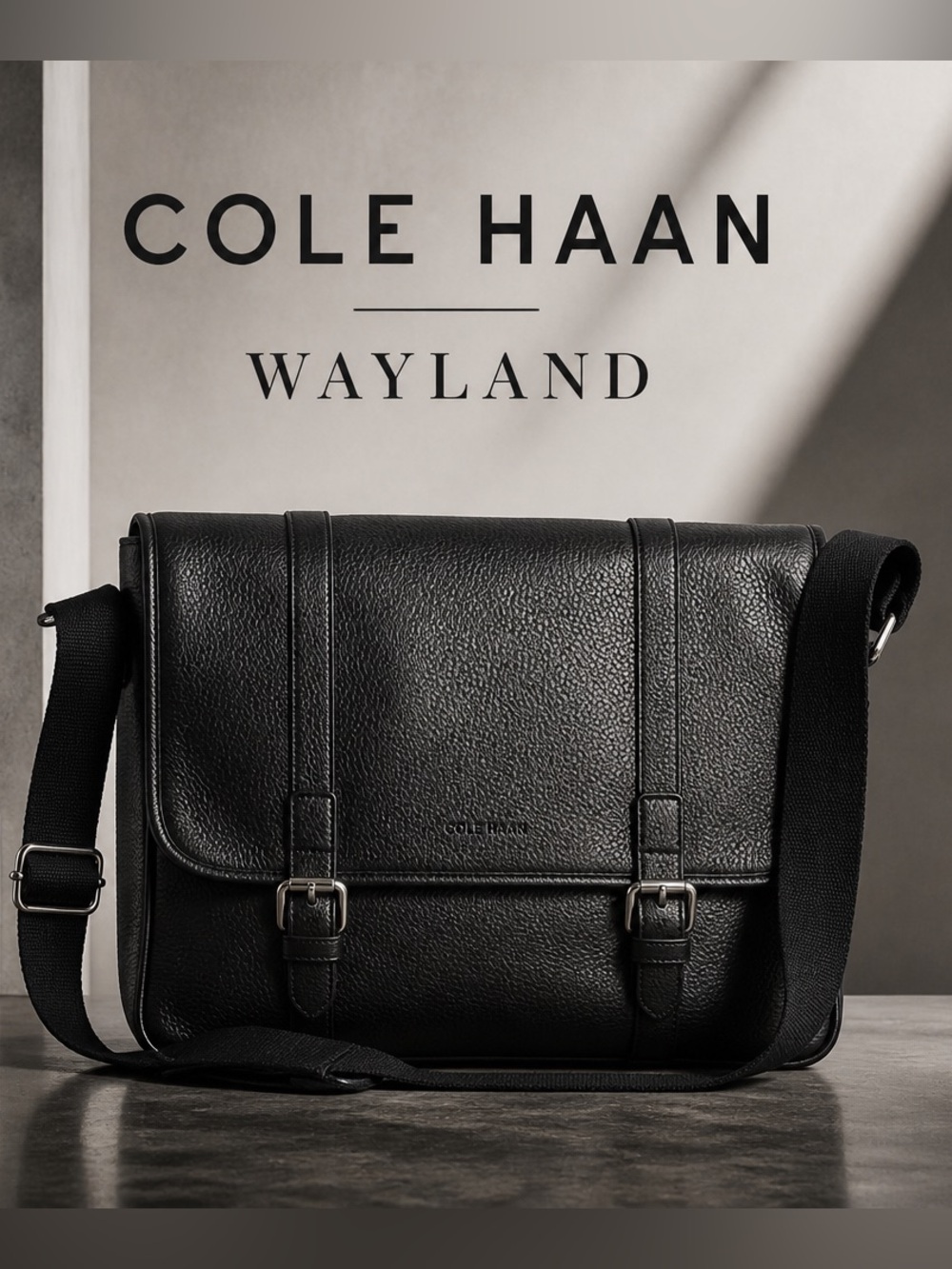 NWOT Cole Haan Wayland Black Pebbled Leather shoulder Messenger Bag